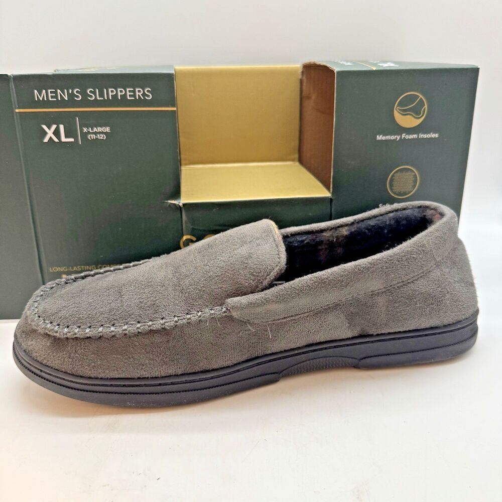 Gold Toe Moccasin Slippers Men's XL (11-12) Gray Plaid Lined Memory Foam Loafers